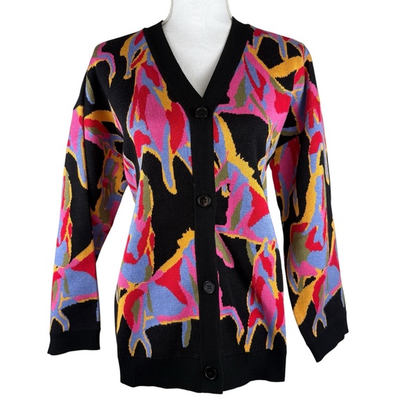 Jodifl Black Abstract Wild Horses Multicolor Long Sleeve Button Up Cardigan Med - Picture 1 of 7